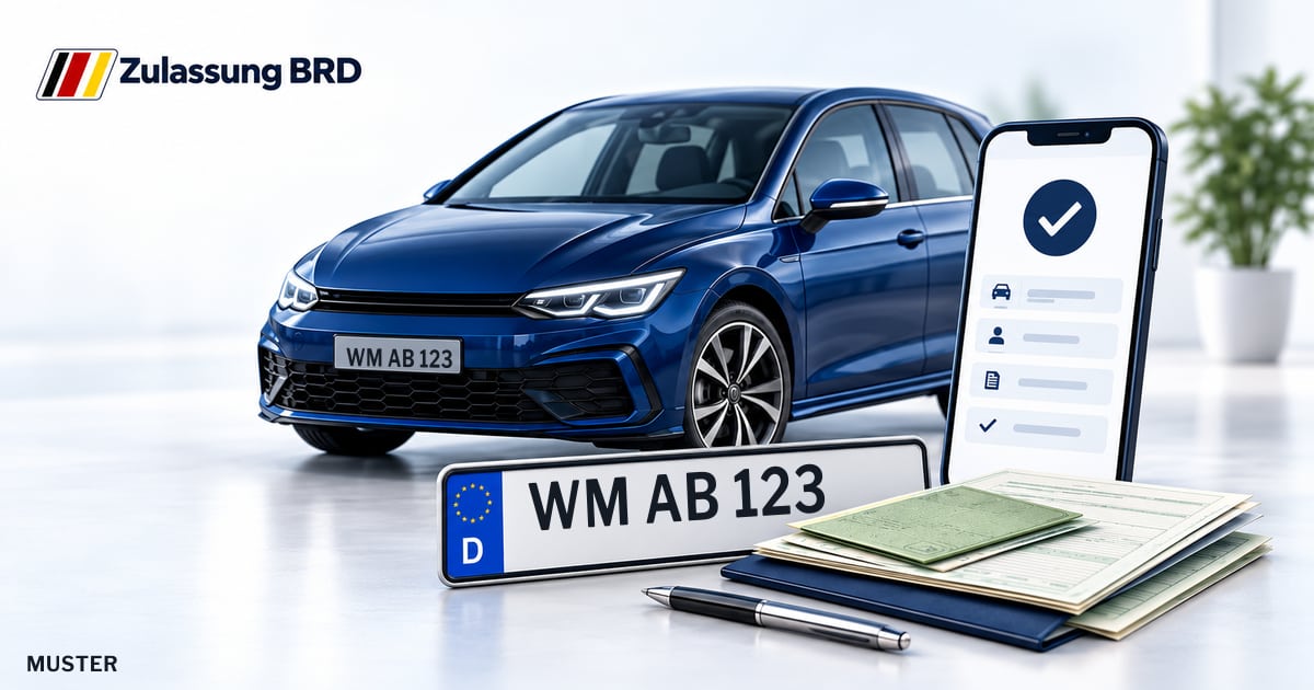 Online Fahrzeugzulassung in Peiting: Musterkennzeichen WM AB 123, Auto und Fahrzeugpapiere und Smartphone. Illustration mit Logo von Zulassung BRD.